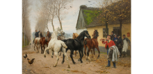 Maleri af Otto Bache (1878): Et kobbel heste uden for en kro