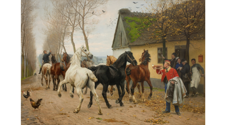 Maleri af Otto Bache (1878): Et kobbel heste uden for en kro